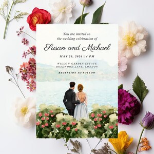 Modelo de convite de casamento em aquarela encantador | Convite digital editável do Canva | Noivos românticos | Download instantâneo