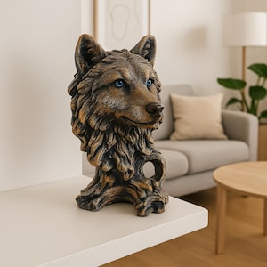 Concrete Wolf Bust Sculpture – Gothic Tabletop Figurine for Desk or Table Decor, Handmade Concrete Statue for Gothic Home or Office
