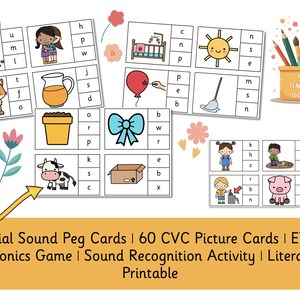 Schede con pioli per i suoni iniziali / 60 schede illustrate CVC / Gioco di fonetica EYFS / Attività di riconoscimento dei suoni / Materiale stampabile per l'alfabetizzazione