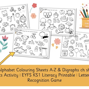 30 hojas para colorear del alfabeto "Veo, veo" de la A a la Z y dígrafos ch sh th wh / Actividad fonética / Imprimible de alfabetización EYFS KS1 / Reconocimiento de sonidos de letras