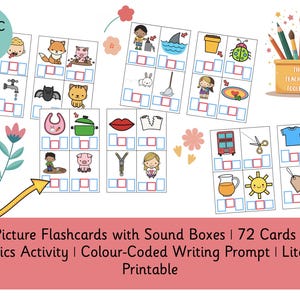 72 CVC-fotoflashkaarten met klankkast | 72 kaarten | EYFS Phonics-activiteit | Kleurgecodeerde schrijfopdracht | Afdrukbare geletterdheid