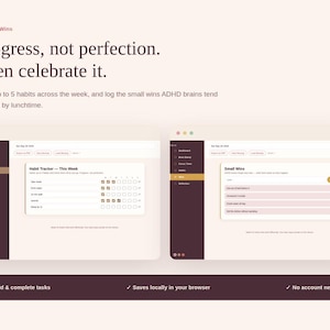 Pode incluir: Uma interface digital exibindo um rastreador de hábitos e um registro de pequenas vitórias. O texto diz: Habits & Wins, Progress, not perfection. Then celebrate it. Track up to 5 habits across the week, and log the small wins ADHD brains.