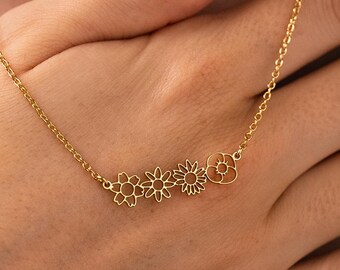 Dainty Birth Flower Necklace , 14K Gold Birth Flower Bouquet Necklace, Personalized Gift, Birth Flower Family Gift, Mother's Day Gift