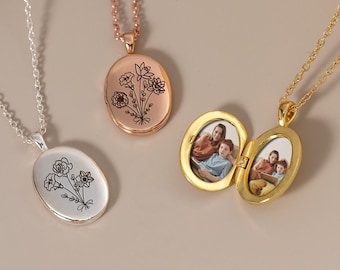 Collar con medallón de flor de nacimiento, medallón de ramo grabado personalizado, collar con medallón de foto floral, regalos para Navidad, regalos conmemorativos para mamá