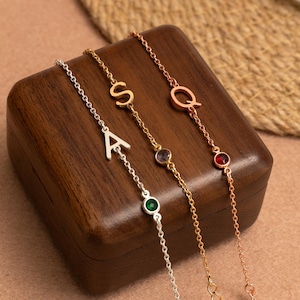 Custom Birthstone Initial Bracelet: Sterling Silver, Gold, Rose Gold