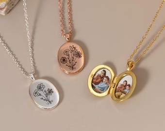 Locket Necklace With Birth Flower, Custom Engraved Bouquet Locket, Floral Photo Locket Necklace, Gifts for Christmas, Memorial Gifts for Mom