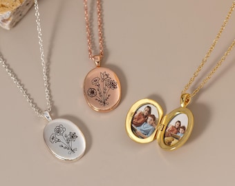 Locket Necklace With Birth Flower, Custom Engraved Bouquet Locket, Floral Photo Locket Necklace, Gifts for Christmas, Memorial Gifts for Mom