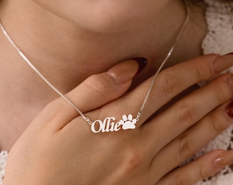 Name Necklace with Paw, Personalized Dog Name Necklace with Paw, Pet Name Necklace, Pet Memorial Necklace, Custom Dog Name Necklace with Paw