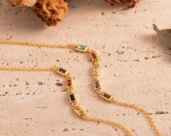 Gold Birthstone Bracelet,Baguette Birthstone Bracelet,Family Birthstone Necklace,Birthstone Bracelet for Women,Christmas Gifts,Gift for Mom