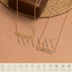Dainty Birth Flower Necklace , 14K Gold Birth Flower Bouquet Necklace, Personalized Gift, Birth Flower Family Gift, Mother&#39;s Day Gift