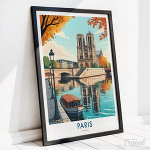 Paris Print Poster - France | Notre Dame Wall Art | Retro Cityscape for Home Office Decor | Travel Gift