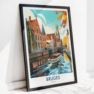Póster de viaje de Brujas, Bélgica / Impresión de arte mural de Brujas / Ilustración de paisaje urbano europeo / Decoración del hogar o regalo