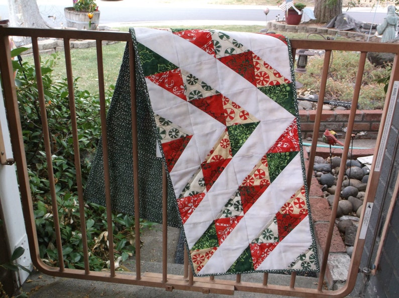 Holiday ribbons table runner quilted batik runner christmas triangles table runner
