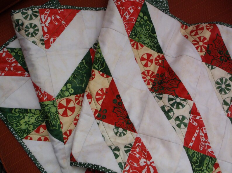 Holiday ribbons table runner quilted batik runner christmas triangles table runner