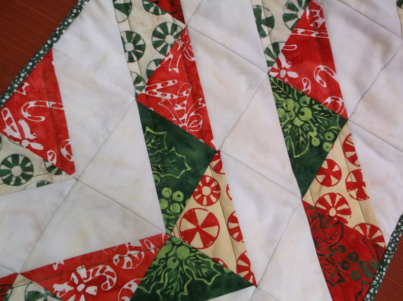 Holiday ribbons table runner quilted batik runner christmas triangles table runner