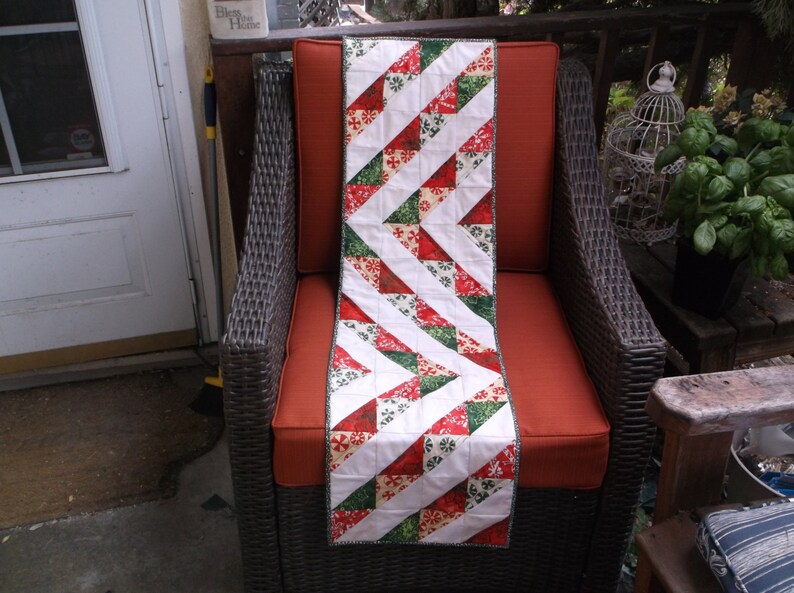 Holiday ribbons table runner quilted batik runner christmas triangles table runner