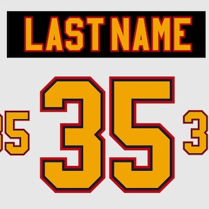 May include: A graphic design featuring the text "LAST NAME" in orange letters with a red outline on a black background. Below, a large number "35" is centered, flanked by smaller "35"s. The numbers are orange with red and black outlines.