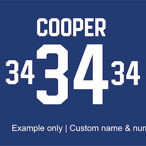 May include: A navy blue background with the name "COOPER" in white block letters above the number "34". The number "34" appears three times. Text at the bottom reads "Example only | Custom name & number".