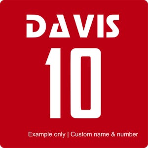 May include: Red square graphic with the name "DAVIS" in white block letters above the number "10". The text "Example only | Custom name & number" is at the bottom. This design is suitable for sports apparel.