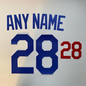 Peut inclure: Fond blanc avec les mots "ANY NAME" en lettres bleues au-dessus du chiffre "28" en bleu. Un petit "28" rouge est à droite du "28" bleu.