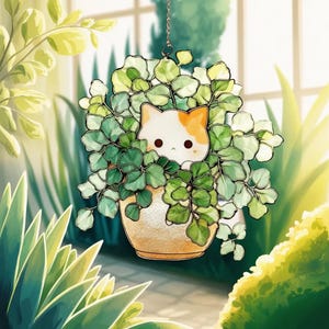 May include: A whimsical hanging decoration featuring a cartoon cat peeking out from a pot of green leafy plants. The cat has white fur with orange markings. The pot is a light brown color, and the background is a blurred garden scene.