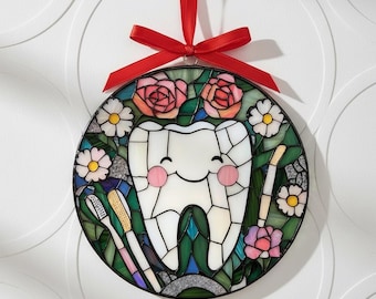 Gepersonaliseerde tand acryl Suncatcher, nep gebrandschilderd glas tandheelkundige decor, tandarts cadeau raam opknoping, Happy Tooth kerstornament