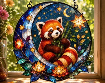 Enfeite de janela em forma de panda-vermelho, lua e estrelas em vitral falso, decoração fofa de animal, presente celestial da floresta, presente para amantes de pandas-vermelhos