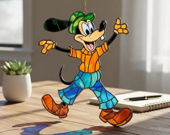 Atrapasol Goofy hecho a mano, imitación vitral, personaje de Disney, para colgar en la ventana, decoración para la habitación de los niños, regalo de cumpleaños único para él o ella
