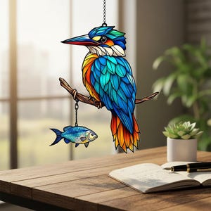 Könnte beinhalten: Ein farbenfroher Vogel-Suncatcher im Glasmalerei-Stil, der auf einem Ast sitzt, mit einem Fisch, der darunter hängt. Der Vogel hat blaue, grüne, orange und gelbe Farbtöne. Der Suncatcher hängt an einer Kette.