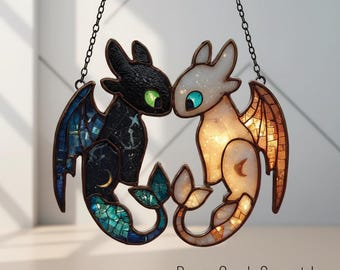 Dragon Couple Faux Stained Glass Suncatcher, Toothless And Light Fury Acrylic Window Hanging, Mythical Fantasy Lover Gift Decor