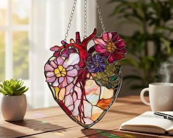 Anatomical Heart Stained Glass Suncatcher, Floral Love Window Art, Acrylic Window Hanging, Heart Decor, Unique Gift, Faux Glass Art