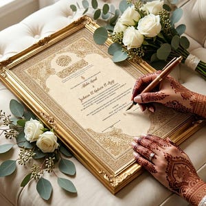 May include: A framed wedding certificate with gold accents and ornate detailing. The certificate is being signed with a pen. A bouquet of white roses and greenery is next to the frame.