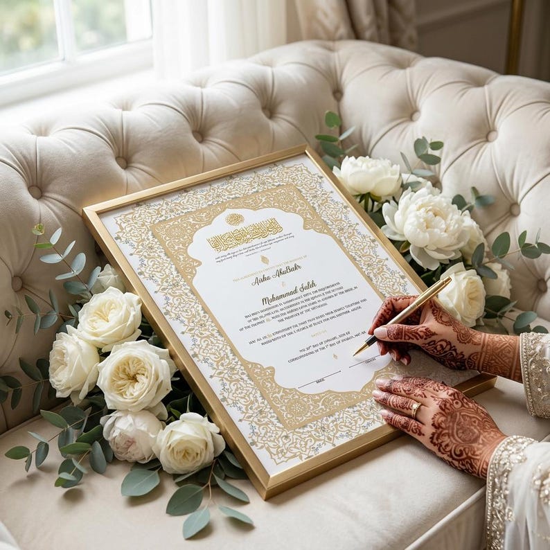 May include: A framed wedding certificate with gold accents and ornate detailing. The document is being signed with a gold pen. White roses and greenery surround the frame, resting on a cream-colored tufted sofa. The certificate includes the names "Aisha Abubakar" and "Mohammad Saleh".