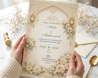 Editable Wedding Invitation Luxury Muslim Reception Card Gold Floral Nikah Walima Mehndi Invite Canva Template Digital Download