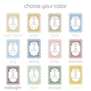 May include: A selection of invitation cards in various colors, including light gold, gold, dark, blue, sky, navy, pink, maroon, midnight, mint, emerald, and yellow. Each card features a decorative border and the text "choose your color".