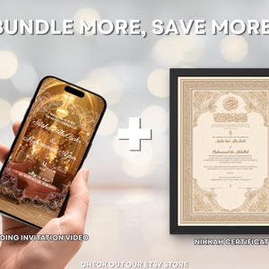May include: A smartphone displaying a wedding invitation video is held next to a framed Nikah certificate. The invitation features gold accents and the names Asha Abu Bakr and Muhammad Ayan. The certificate has ornate gold calligraphy on a cream background.