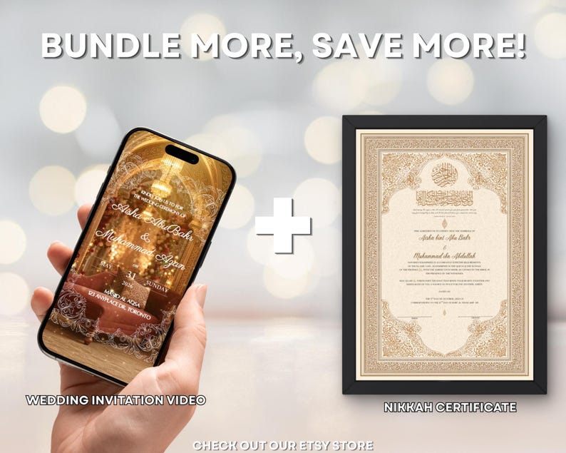 May include: A smartphone displaying a wedding invitation video is held next to a framed Nikah certificate. The invitation features gold accents and the names Asha Abu Bakr and Muhammad Ayan. The certificate has ornate gold calligraphy on a cream background.