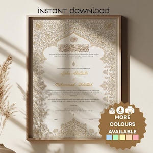 May include: A digital Islamic marriage certificate template featuring intricate gold floral borders on a cream background. The text includes Arabic calligraphy, English verses, and placeholders for names like Aisha AbuBakr and Muhammad Abdullah.