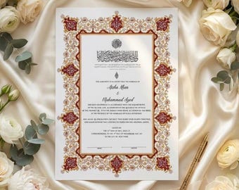 Luxury Islamic Nikkah Certificate Printable, Muslim Marriage Certificate, Nikah Nama, Custom Wedding Contract with Thumbprint Page