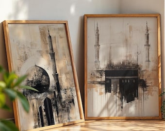 Conjunto de arte mural abstracto especial de Ramadán, Kaaba y Masjid Nabawi, impresiones arquitectónicas, decoración moderna musulmana para el hogar, arte mural islámico, descarga digital