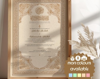 Elegant islamitisch Nikkah-certificaat afdrukbaar, trouwakte moslim, luxe Nikah Nama, aangepast huwelijkscontract