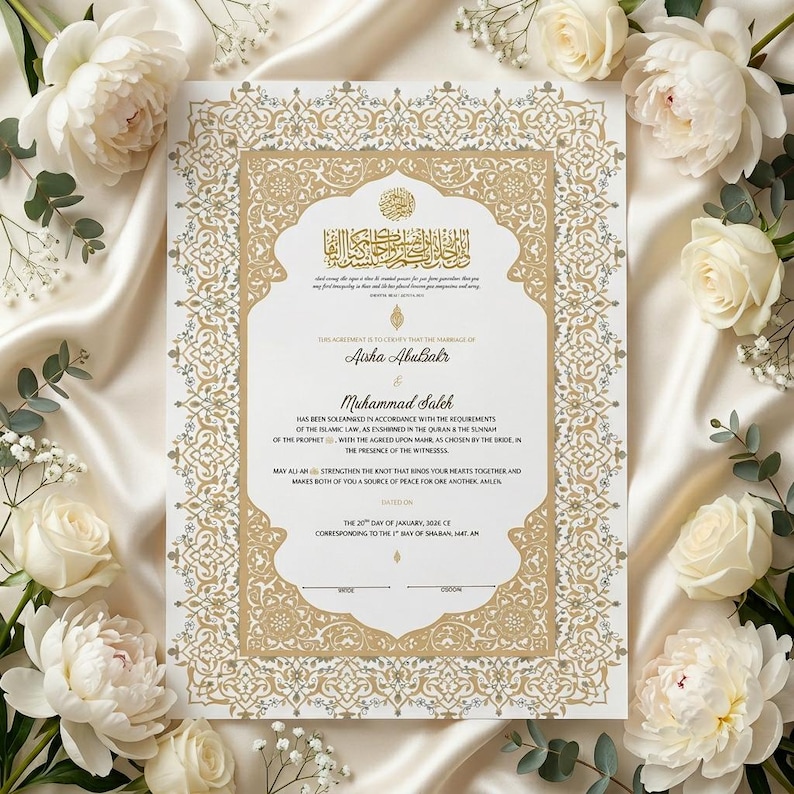 May include: A wedding certificate with gold filigree borders and Arabic calligraphy at the top. The names "Aisha Abubakr" and "Muhammad Saleh" are featured. White roses and greenery surround the certificate on a satin background.