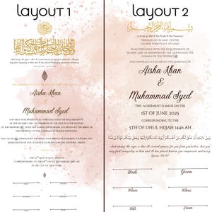 May include: Two wedding certificate layouts with gold calligraphy and pink watercolor accents. The certificates are for Aisha Khan and Muhammad Syed, with dates in English and Arabic. Includes space for signatures.