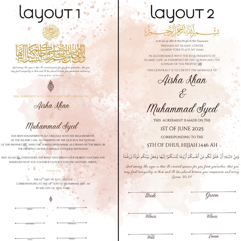 May include: Two wedding certificate layouts with gold calligraphy and pink watercolor accents. The certificates are for Aisha Khan and Muhammad Syed, with dates in English and Arabic. Includes space for signatures.