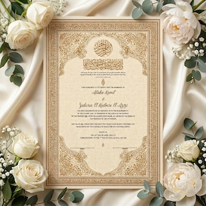 May include: A framed marriage certificate with ornate gold detailing and Arabic calligraphy. The document features the names Alisha Kamil and Zakaria El Kadmori El Ayoji, surrounded by white roses and greenery on a satin background.