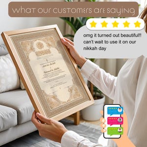 May include: A framed certificate with ornate gold detailing and Arabic calligraphy. The certificate is held by a person. The text "What our customers are saying" is at the top. A customer review is visible, stating "omg it turned out beautiful!!"