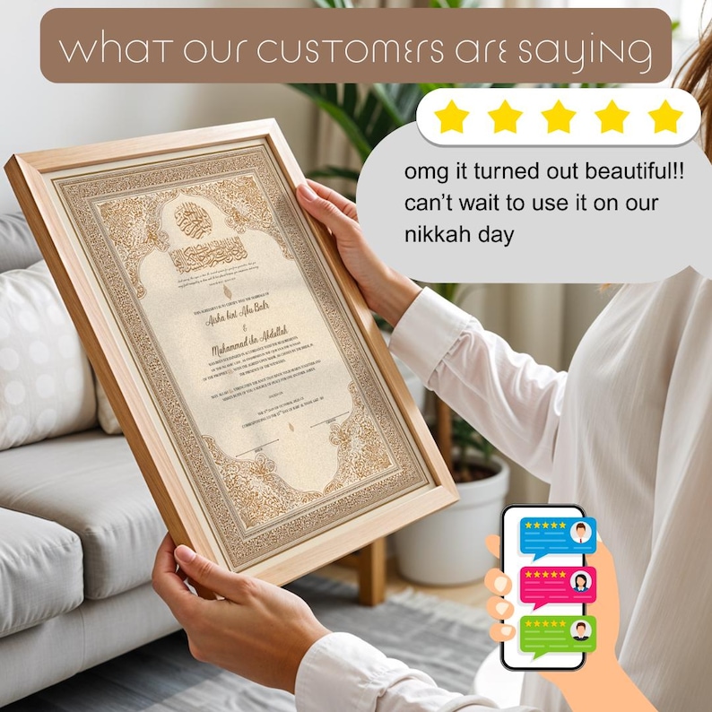 May include: A framed certificate with ornate gold detailing and Arabic calligraphy. The certificate is held by a person. The text "What our customers are saying" is at the top. A customer review is visible, stating "omg it turned out beautiful!!"