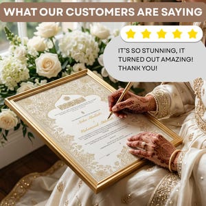 May include: A gold-framed wedding certificate with intricate gold foil patterns, featuring the names Aisha Abalrak and Muhammad Abdullah. A speech bubble displays five yellow stars and the text: IT'S SO STUNNING, IT TURNED OUT AMAZING! THANK YOU!