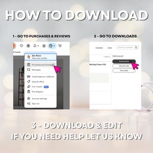 Pode incluir: Um gr&aacute;fico instrutivo intitulado HOW TO DOWNLOAD com tr&ecirc;s passos. O passo 1 mostra um menu suspenso com Purchases and reviews destacado. O passo 2 mostra um bot&atilde;o com a etiqueta Download files. O passo 3 diz DOWNLOAD & EDIT IF YOU NEED HELP LET US KNOW.