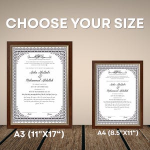 May include: Two framed wedding certificates, one A3 (11"x17") and one A4 (8.5"x11"). The certificates have a decorative border and text in English and Arabic. The text includes the names Aisha Abubakr and Muhammad Abdullah.